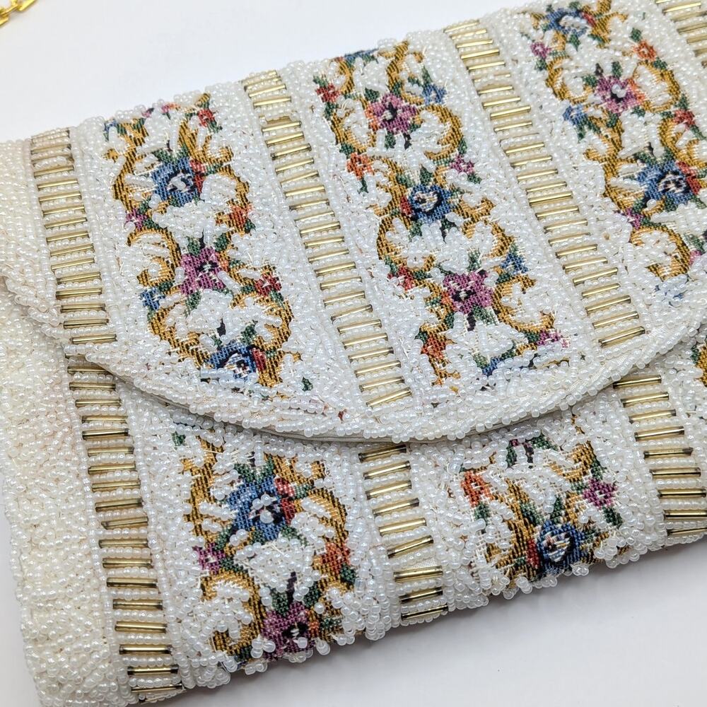 Vintage Tapestry Floral White Beaded Purse Shoulder Bag Adjustable Chain Strap - Picture 2 of 12